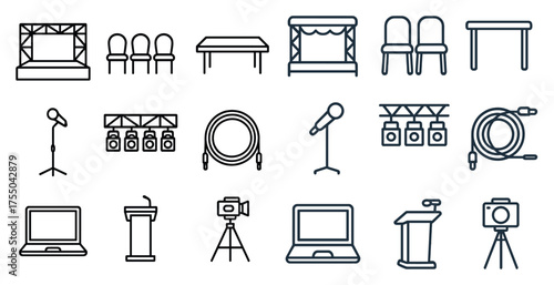 Event and conference outline icons set – line, linear, meeting and presentation symbols