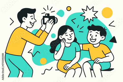 Test Shot Playfulness. Taking Test Shots. Parent snapping preliminary photos, floating abstract camera flashes and geometric shapes, children adjusting smiles