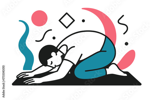 Yoga Pose Abstraction. Child?s Pose. Person kneeling with arms forward on mat, floating abstract curves and geometric shapes, soft restorative vibe. Modern