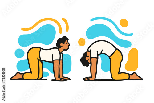 Dynamic Yoga Motion. Cat-Cow Stretch. Person on all fours alternating back arch and curve, floating abstract curves showing spinal motion, calm warm-down