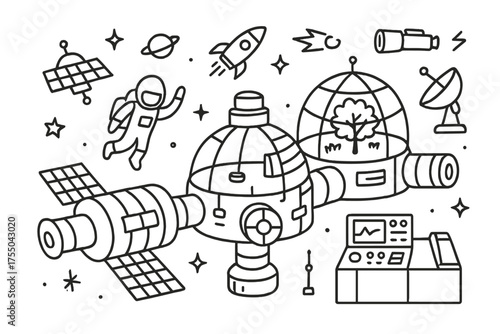 Futuristic Space Station. Futuristic Space Station. Hand-drawn doodle illustration Futuristic Space Station space station spaceship module artificial gravity