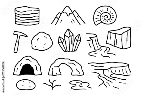 Geology Doodle Collection. Geology. Hand-drawn doodle illustration geology rock layers, mountain, fossil, crystal, hammer, boulder, cliff, cave, arch rock,