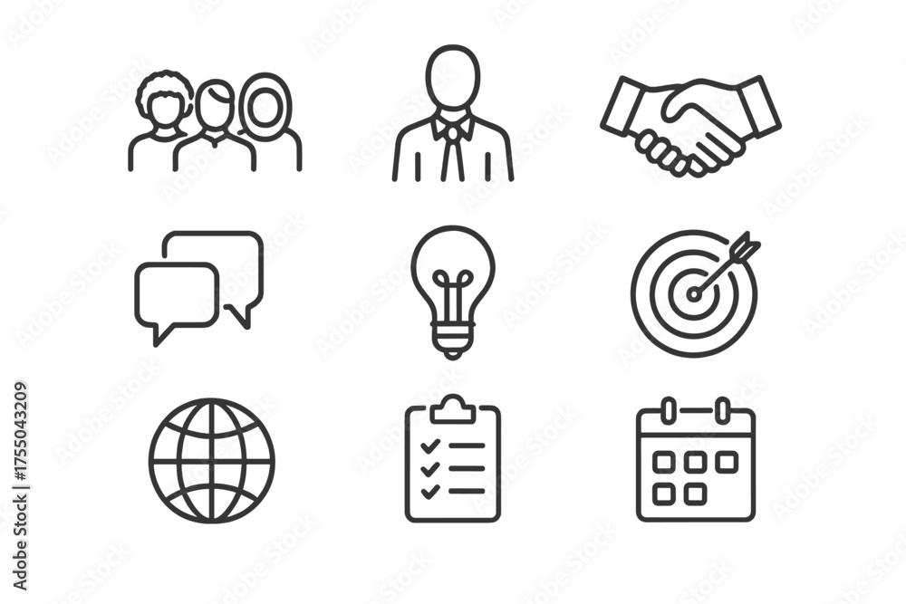 Obraz premium Diversity in Management Icons. Diversity in management. Line icon set of Diversity in management: team of diverse people, leader figure, handshake, speech
