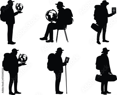 Silhouettes of travelers with backpacks, globes, passports, and duffel bags, global exploration, adventure lifestyle illustration concept