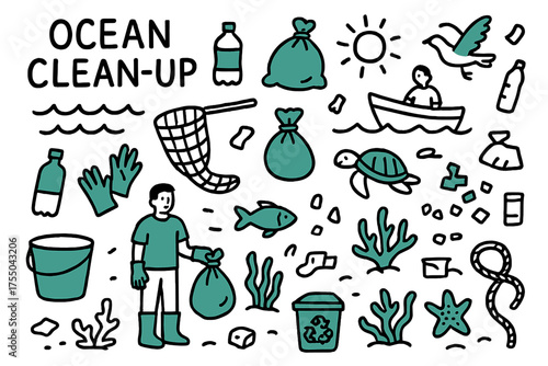 Ocean Clean-Up Doodle. Ocean Clean-Up. Hand-drawn doodle illustration Ocean, waves, plastic bottle, net, trash bag, volunteer, gloves, boat, fish, turtle,