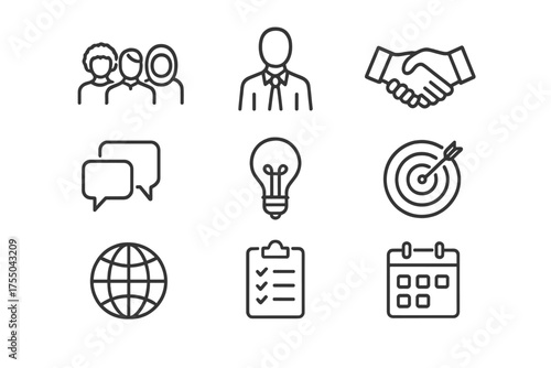 Diversity in Management Icons. Diversity in management. Line icon set of Diversity in management: team of diverse people, leader figure, handshake, speech