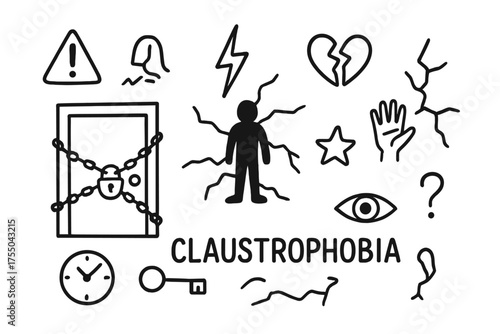 Claustrophobic Symbols Illustration. Claustrophobia. Hand-drawn doodle illustration claustrophobia door, chain, padlock, crack, shadow figure, exclamation