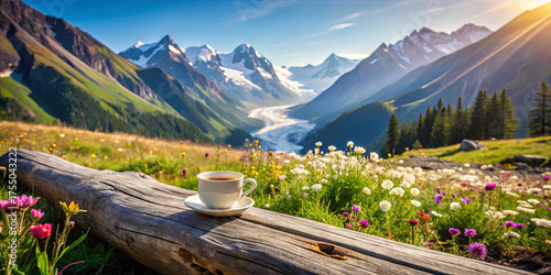 Fototapeta Naklejka Na Ścianę i Meble -  A cup of coffee rests on a wooden log amidst colorful wildflowers in a breathtaking valley. Majestic mountains rise in the background, illuminated by warm sunset light
