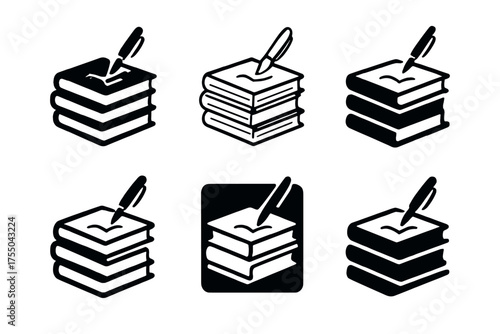 Diverse Book Launch Logos. Book launches. Set Logo of Book launches: signing table with pen and stack of signed copies. harmonious logo variations of the same