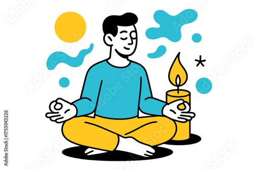 Candlelight Meditation Focus. Meditation Candle. Person sitting cross-legged in front of lit candle, floating abstract shapes representing calmness and focus.