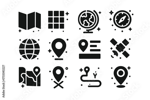 Cartography Icon Set. Cartography. Solid icons set of Cartography: map, grid, globe, compass, latitude lines, longitude lines, location pin, legend, satellite,