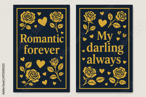 Romantic Forever Banners. Romantic forever. Two vertical A6 banners with safe margins, centered composition, no elements touching edges, bold, navy and gold,