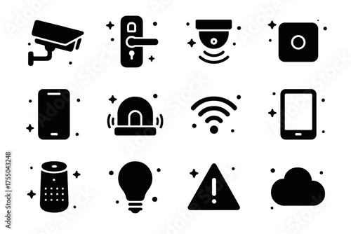 Security Icon Set. Security & Monitoring. Solid icons set of Security & Monitoring: security camera, door lock, motion sensor, smart hub, smartphone, alarm,