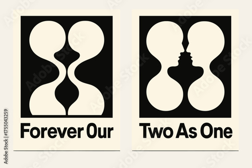 Bauhaus Banners Merging Forms. Soul Connection. Two vertical A6 banners with safe margins, centered composition, no elements touching edges, bauhaus style,