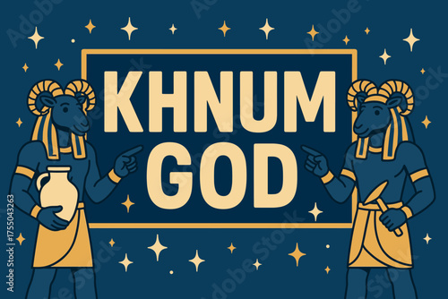 Khnum God Banner. Khnum God banner, flat vector illustration, bold oversized text inside rectangular frame, cartoon characters standing and pointing at banner,
