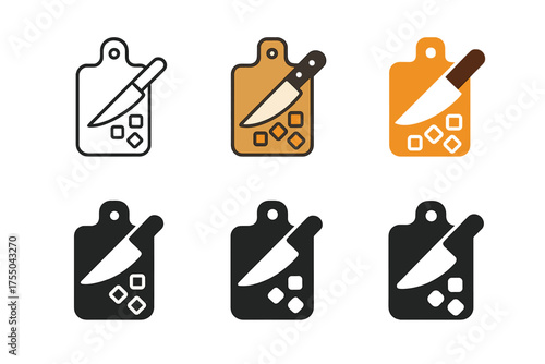 Stew Logo Variations. Making stew. Set Logo of Making stew: chopping board with knife and diced veggies. harmonious logo variations of the same emblematic