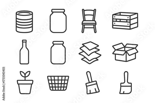 Household Upcycling Icons. Household upcycling. Line icon set of Household upcycling: tin can, glass jar, old chair, wooden crate, wine bottle, mason jar,