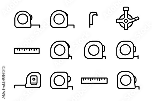 Home Measuring Icons. Home improvement measuring. Line icon set of Home improvement measuring: tape measure, retractable tape, hook end, tape reel, measuring