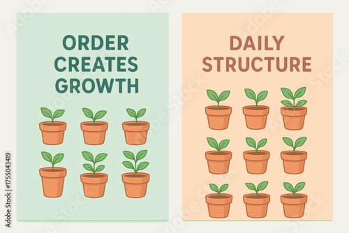 Order and Structure. Growth. Two vertical A6 banners with safe margins, centered composition, no elements touching edges, pastel style, mint and peach, plant