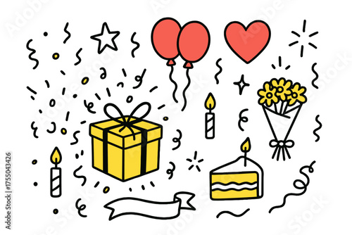 Festive Doodle Celebration. Surprise Celebration. Hand-drawn doodle illustration gift box (colored), balloons (colored), heart (colored), confetti (colored),