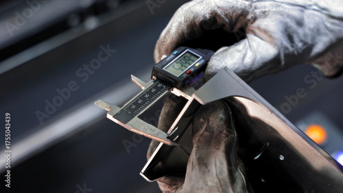 Precision measurement of metal part with digital caliper. Worker wearing gloves using a digital caliper to accurately measure the dimensions of a machined metal component in a workshop.