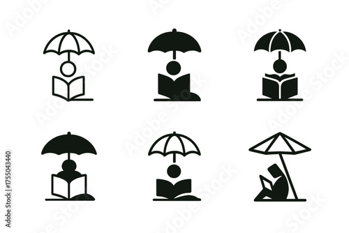 Shade Reading Logos. Reading a book in the shade. Set Logo of Reading a book in the shade: parasol / beach umbrella casting shade. harmonious logo variations