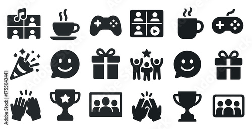 Essential communication solid icons set – chat, social media, digital symbols