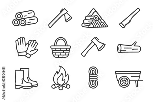Wood Gathering Icons. Wood gathering. Line icon set of Wood gathering: log pile, axe, firewood stack, saw, gloves, basket, hatchet, fallen tree, boots,