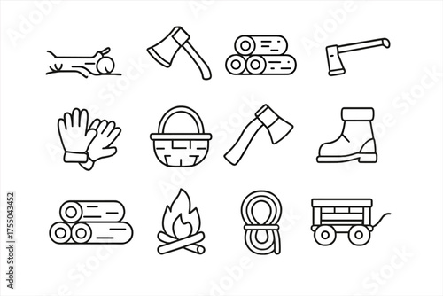 Forest Foraging Tools. Forest foraging. Line icon set of Forest foraging: fallen tree, axe, log pile, saw, gloves, basket, hatchet, boots, firewood stack,