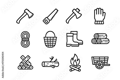 Wood Collection Icons. Wood collection tools. Line icon set of Wood collection tools: axe, saw, hatchet, gloves, rope, basket, boots, log pile, firewood stack,