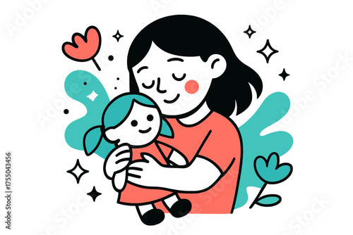 Girl and Doll Magic. Child with doll. A little girl holding her favorite doll close, glowing sparkles and abstract flowers floating around them symbolizing