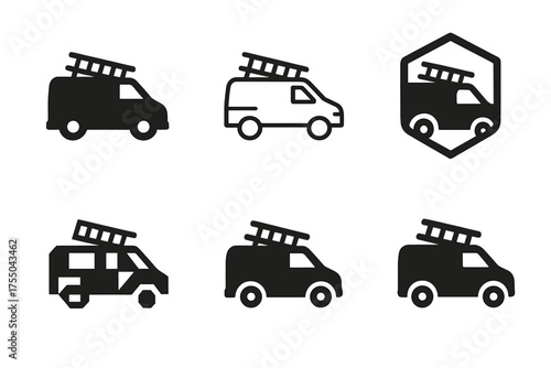 Renovation Logo Variations. Home renovation and construction services. Set Logo of Home renovation and construction services: contractor van with ladder.