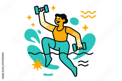 Dynamic Pool Exercise. Aqua Fitness. A glowing person doing water aerobics in a pool, abstract floating spark and wave icons symbolizing low-impact exercise.
