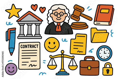 Judicial Doodle Icons. Legal Proceedings. Colorful Hand-drawn doodle Children illustration judge, gavel, courthouse, contract, folder, pen, book, star, heart,