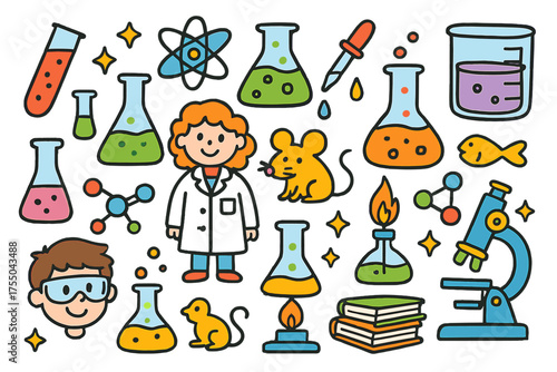 Colorful Science Doodles. Lab Work. Colorful Hand-drawn doodle Children illustration test tubes, flasks, beakers, pipette, Bunsen burner, molecules, atoms,