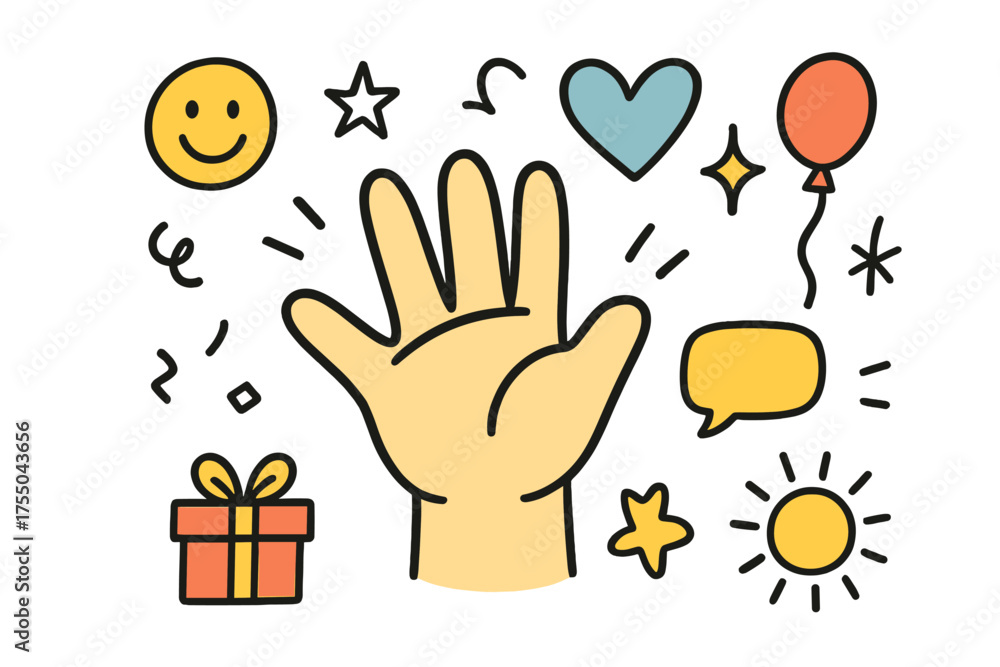 Fototapeta premium Playful Hand Doodles. Hand Wave. Hand-drawn doodle illustration waving hand (colored), smiley face, heart (colored), star, sparkle (colored), balloon, chat