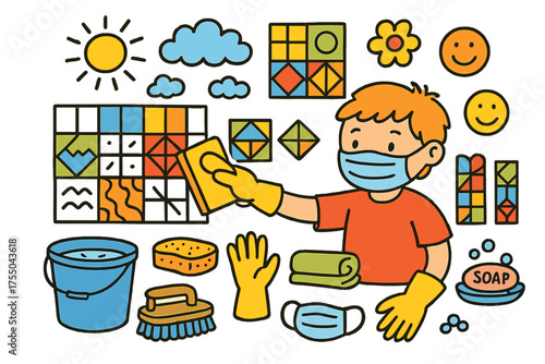 Colorful Bathroom Tile Art. Updating Tiles. Colorful Hand-drawn doodle Children illustration modern bathroom tiles, child applying grout, sponge, bucket,