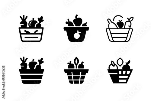 Harmonious Produce Logos. Produce Display. Set Logo of Produce Display: stylized produce basket icon. harmonious logo variations of the same emblematic