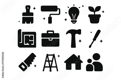 Interior Design Icons. Interior projects. Solid icons set of Interior projects: paintbrush, paint roller, lightbulb, plant pot, blueprint, toolbox, hammer,