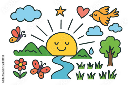 Colorful Dawn Illustration. Peaceful Dawn. Colorful Hand-drawn doodle Children illustration rising sun, rays, tree, flower, grass, butterfly, bird, cloud,