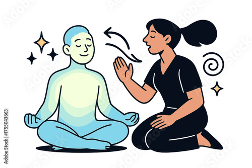 Calm Breathing Meditation. Guided breathing. Glowing person sitting cross-legged with therapist showing calm breathing motion. Floating icons of sparkle, star,
