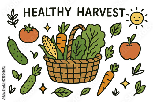 Colorful Veggie Doodle. Healthy Harvest. Hand-drawn doodle illustration basket of vegetables (colored), tomato, corn (colored), cucumber, lettuce (colored),