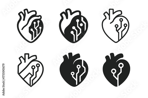 Biomechatronic Heart Logos. Evolution of human bodies through AI. Set Logo of Evolution of human bodies through AI: biomechatronic heart. harmonious logo