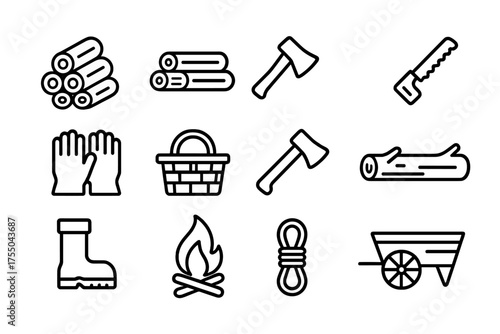 Campfire Preparation Icons. Campfire preparation. Line icon set of Campfire preparation: firewood stack, log pile, axe, saw, gloves, basket, hatchet, fallen