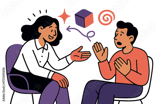 Empathetic Therapy Session. Supportive talk. Glowing therapist leaning forward with kind gesture while client shares thoughts. Floating icons of sparkle, cube,