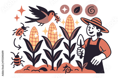 Balanced Harvest Scene. Balanced harvest. Glowing crops growing strong while pests are naturally controlled by birds and insects. Floating icons of sparkle,