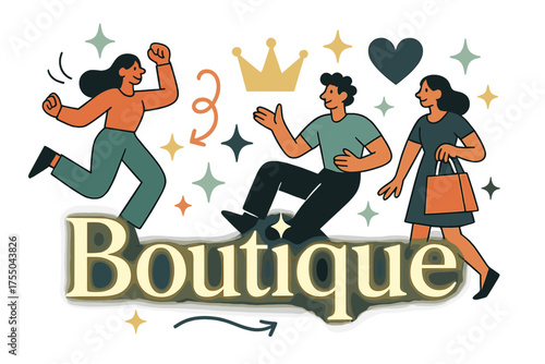 Elegant Boutique Branding. Elegant branding. Glowing serif typography spelling out "Boutique" with crown and sparkle icons. Floating icons of sparkle, heart,