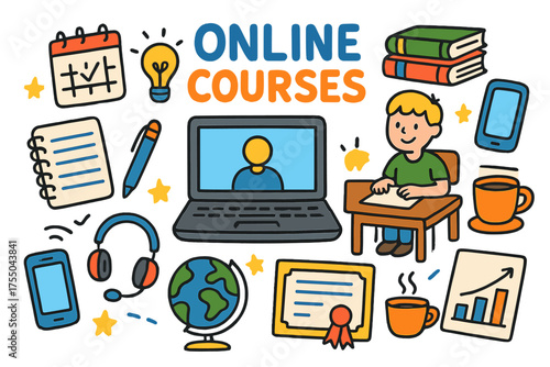 Vibrant E-Learning Doodles. Online courses. Colorful Hand-drawn doodle Children illustration Online courses laptop, notebook, pen, books, calendar, student,