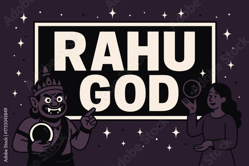Rahu God Eclipse Banner. Rahu God banner, flat vector illustration, bold oversized text inside rectangular frame, cartoon characters standing and pointing at