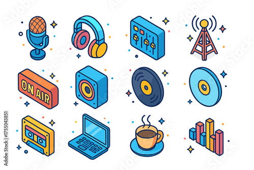Radio Station Icons. Radio Station. Colorful isometric vector icons set of radio station: microphone, headphones, mixing console, radio tower, on air sign,